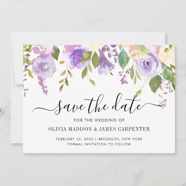 Modern Dusty Purple Violet Peony Floral Wedding Save The Date (Front)