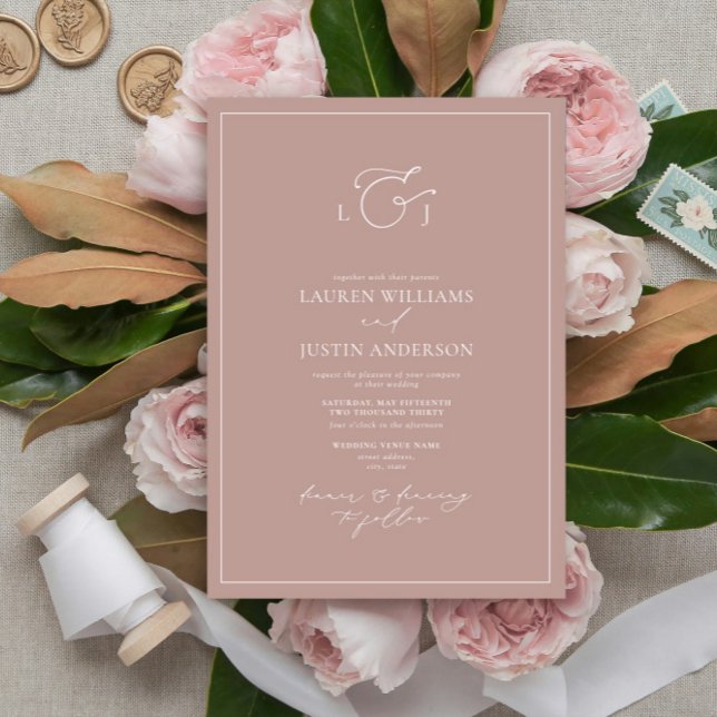 Modern Dusty Rose Calligraphy Monogram Wedding Inv Invitation (Creator Uploaded)