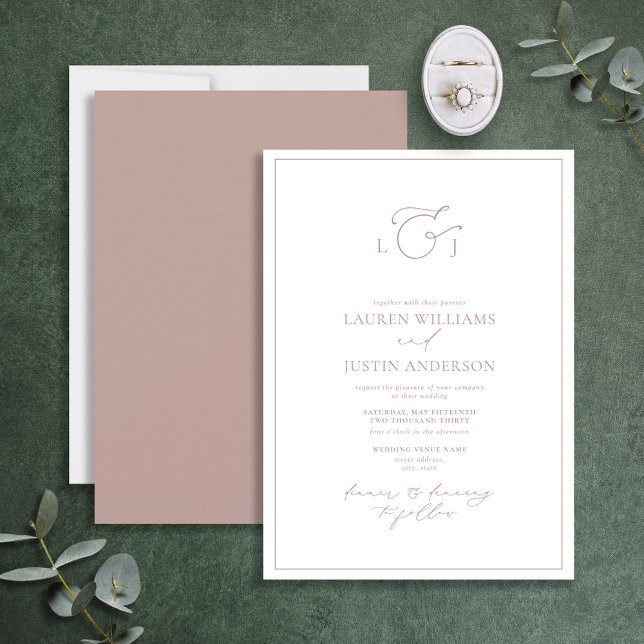 Modern Dusty Rose Calligraphy Monogram Wedding Invitation (Creator Uploaded)
