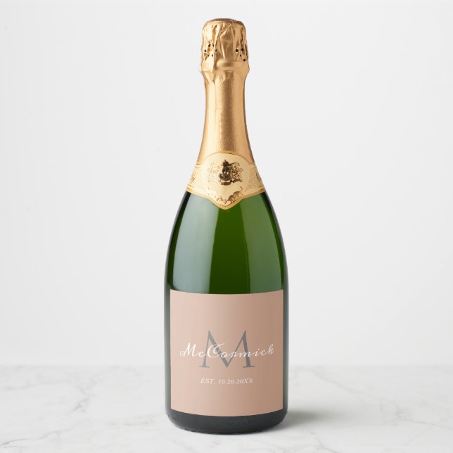 Modern Dusty Rose Established Script Monogram Sparkling Wine Label (Front)
