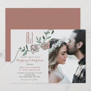 Modern Dusty Rose Floral Photo Wedding Invite