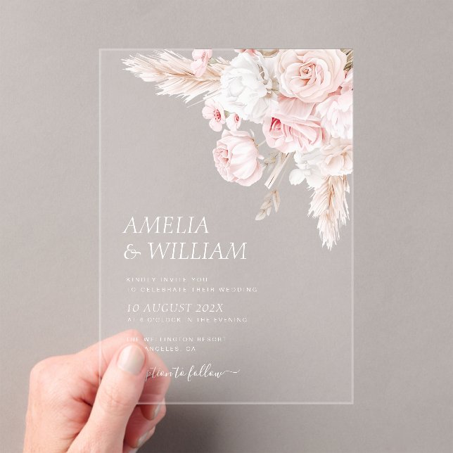 Modern dusty rose floral wedding  acrylic invitations (Insitu (Handheld))