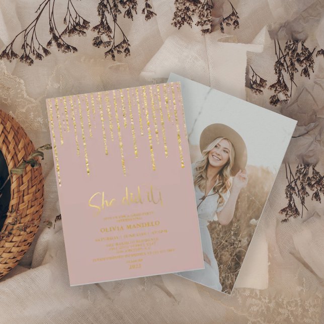 Modern Dusty Rose Gold Glitter Grad Party Photo  Invitation (Creator Uploaded)