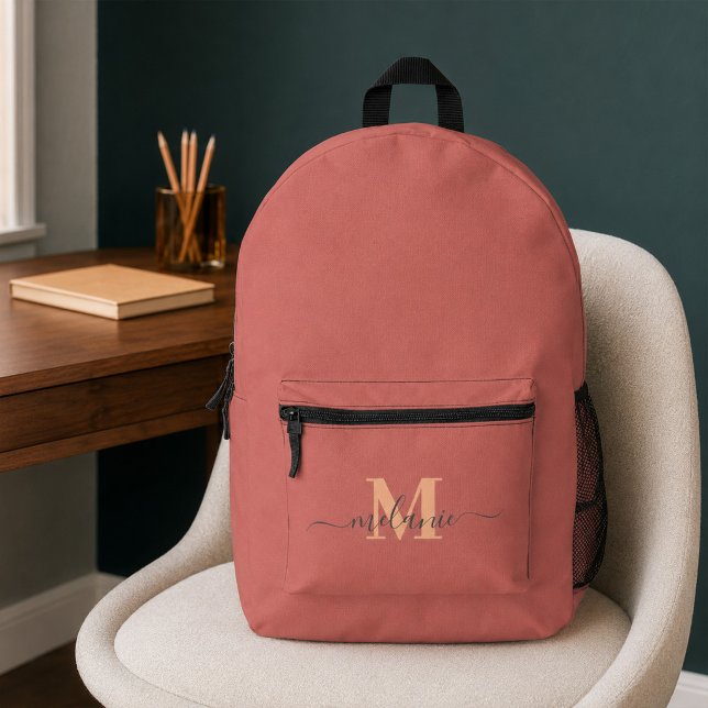 Modern Dusty Rose Gold Monogram Custom Name  Printed Backpack (Modern Pink Custom Monogram Name Printed Backpack)