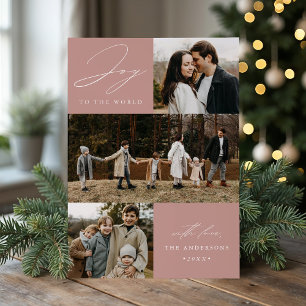 Modern Dusty Rose Joy to the World 4 Photo Holiday Card