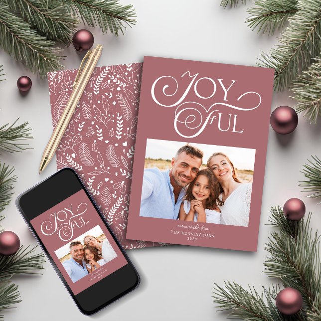 Modern Dusty Rose Pattern Joyful Holiday Photo (Modern Dusty Rose Pattern Joyful Holiday Photo Card)