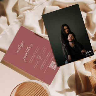 Modern Dusty Rose Photo Monogram QR code Wedding Invitation