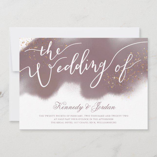 Modern Dusty Rose Pink and Gold Script Wedding Invitation (Front)