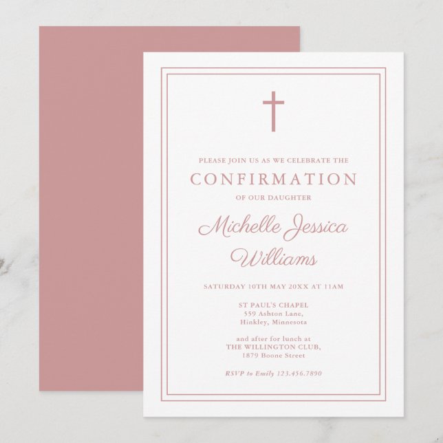Modern Dusty Rose Pink Border Confirmation Invitation (Front/Back)
