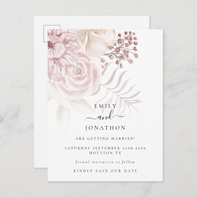 Modern Dusty Rose Pink Florals Save the Date Announcement Postcard (Front/Back)