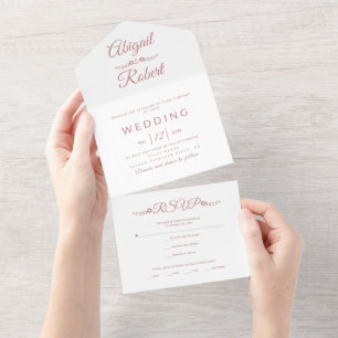 Modern dusty rose pink typography white wedding all in one invitation