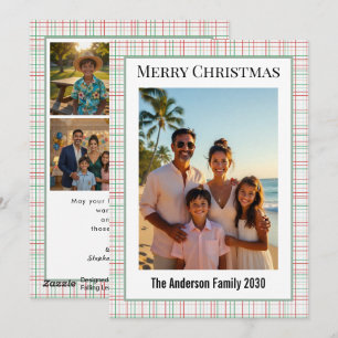 Modern Dusty Rose Sage Plaid 5 Photo Christmas Holiday Card