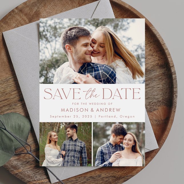 Modern Dusty Rose Typography 3 Photo Save The Date (Creator Uploaded)