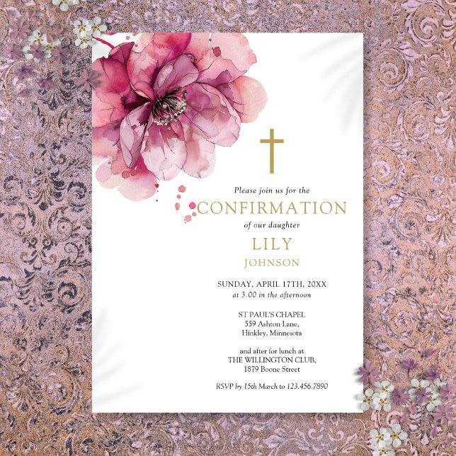 Modern Dusty Rose Watercolor Floral Confirmation Invitation (Modern Dusty Rose Watercolor Floral Confirmation Invitation)