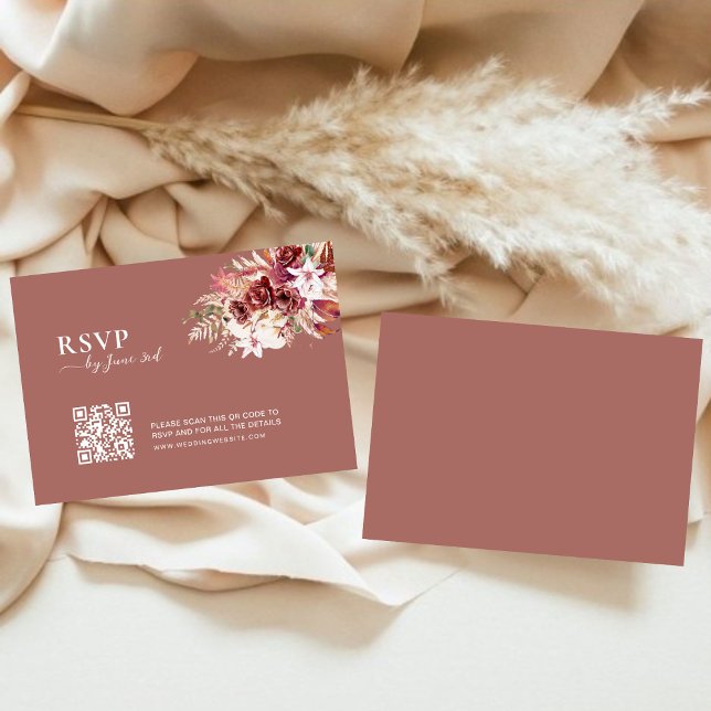 Modern Dusty Rosewood & Blush QR Code Wedding RSVP Card (Creator Uploaded)