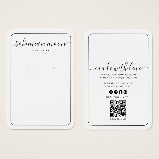 Modern Earring Display Card Black And White Script (Front & Back)