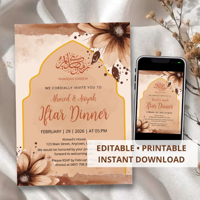 Modern Earth Tone Floral Arched Iftar Invitation (Creator Uploaded)