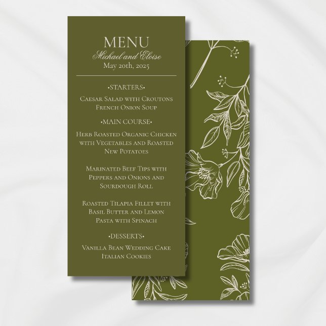 Modern Earth Tone Olive Green Wedding Dinner Menu (Modern Elegant Earth Tone Wedding Suite Theme with options to personalize for your special day.)
