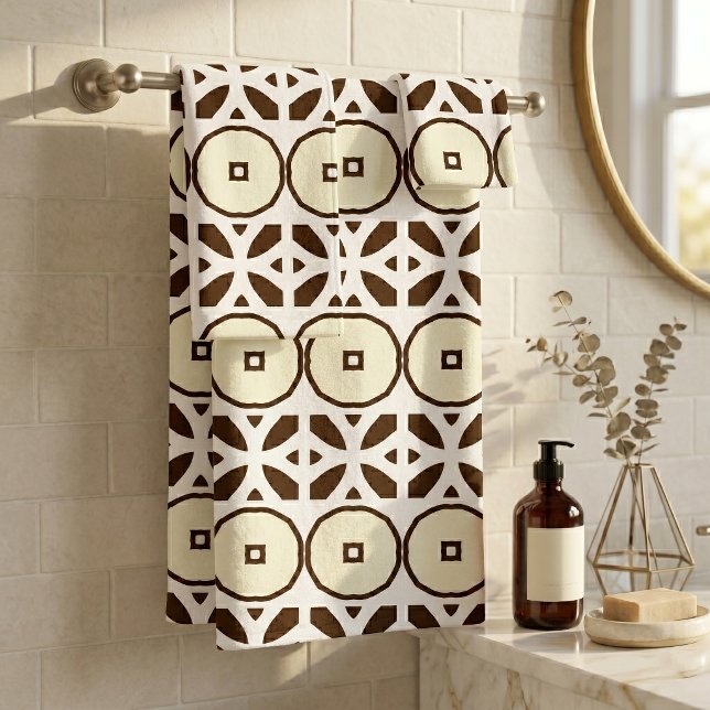 Modern Earthy Brown Cream Mosaic Geometric Pattern Bath Towel Set (Creator Uploaded)