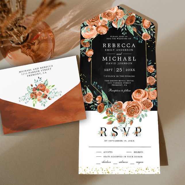 Modern Earthy Burnt Orange Floral Black Wedding All In One Invitation (Creator Uploaded)