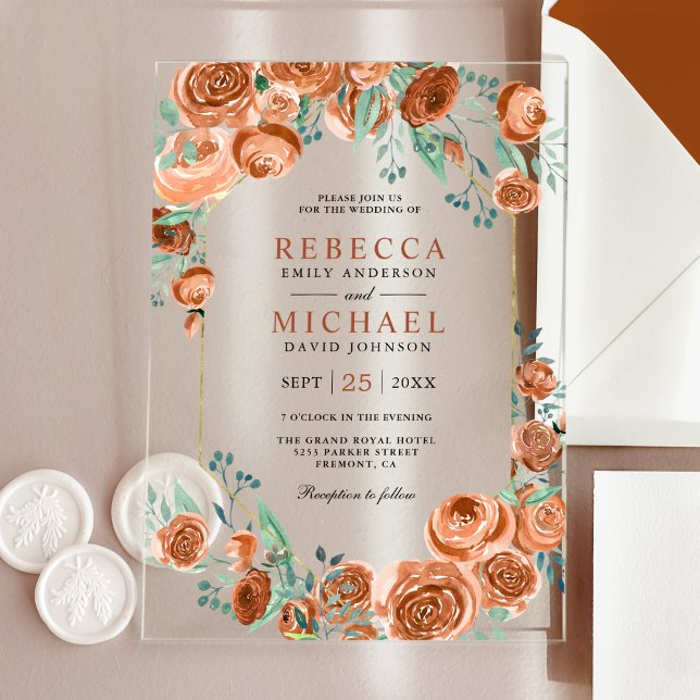 Modern Earthy Burnt Orange Roses Floral Wedding Acrylic Invitations (Creator Uploaded)