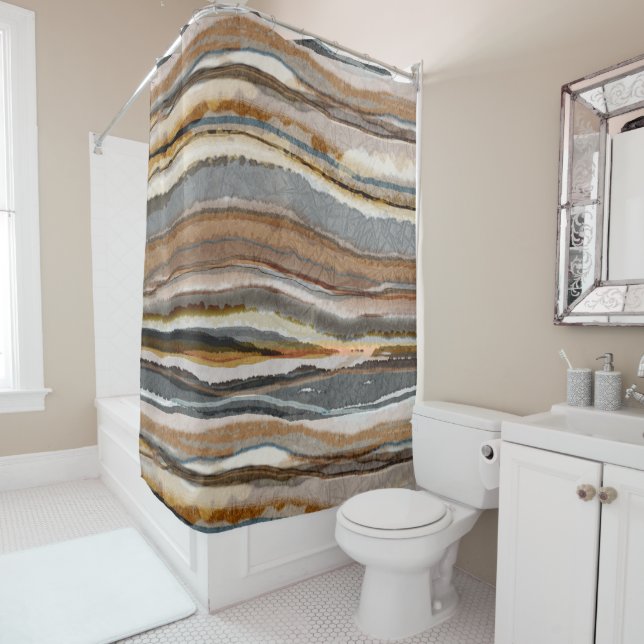 Modern Earthy Neutral Agate Stripes Shower Curtain (In Situ)
