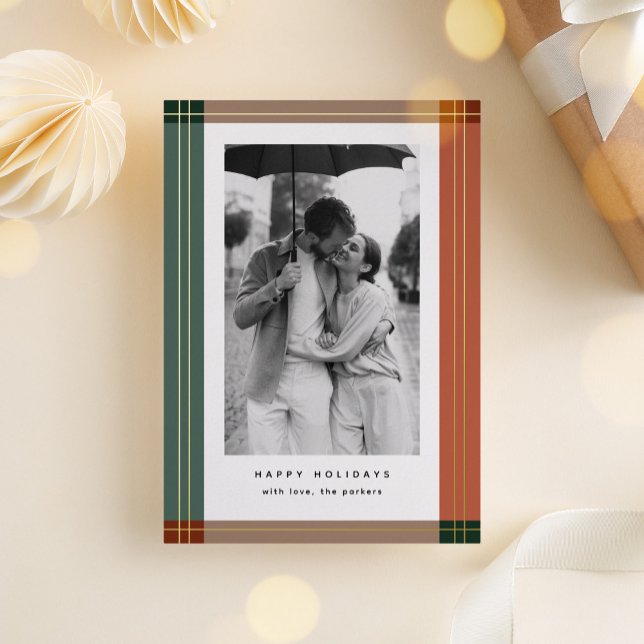 Modern Earthy Plaid Frame Christmas Photo (earth tones plaid frame holiday card)