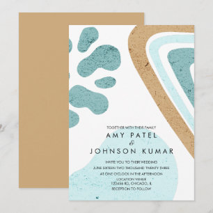 Modern Earthy Tone Shapes Light Blue Beige Wedding Invitation
