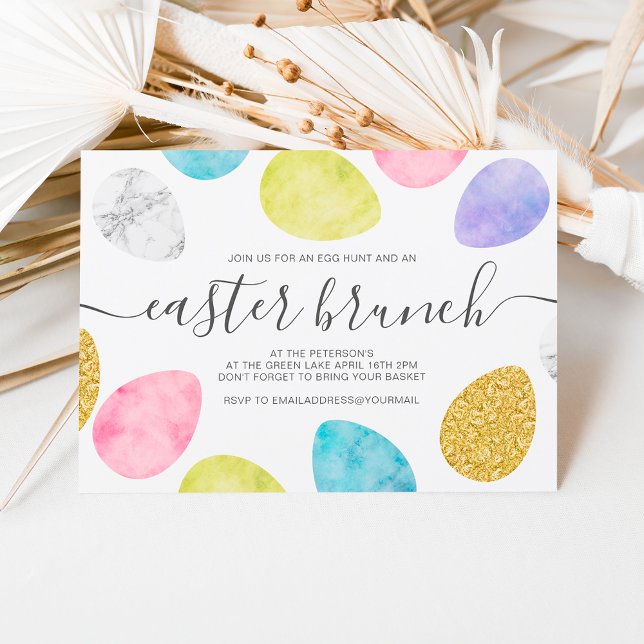 Modern easter brunch gold pastel watercolor eggs invitation (Creator Uploaded)