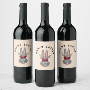 Modern Easter Bunny Burgundy Floral Beige Custom Wine Label