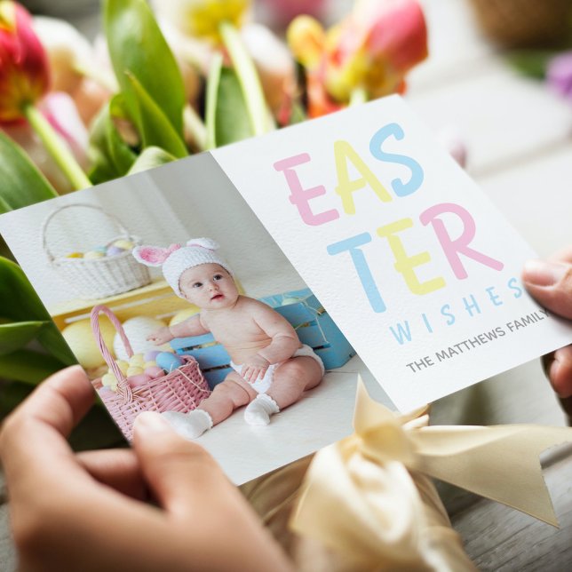 Modern Easter Wishes Pastel Personalized Photo Holiday Card (Creator Uploaded)