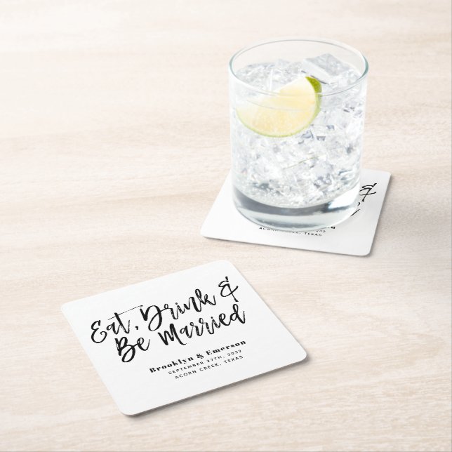 Modern Eat Drink Be Married Wedding Square Paper Coaster (Insitu)