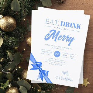 Modern Eat, Drink Be Merry Xmas Blue Ribbon  Invitation