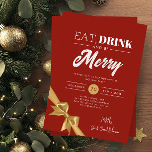 Modern Eat, Drink Be Merry Xmas Gold Ribbon Red  Invitation