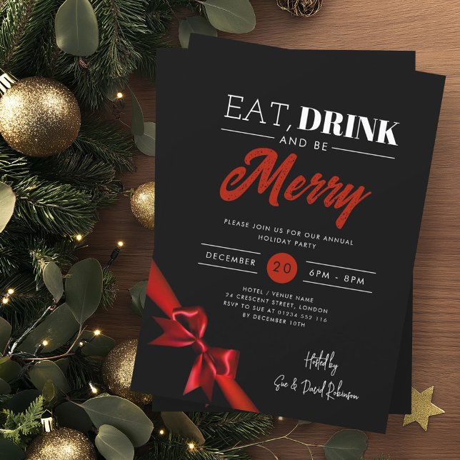 Modern Eat, Drink Be Merry Xmas Red Ribbon Black Invitation (Creator Uploaded)