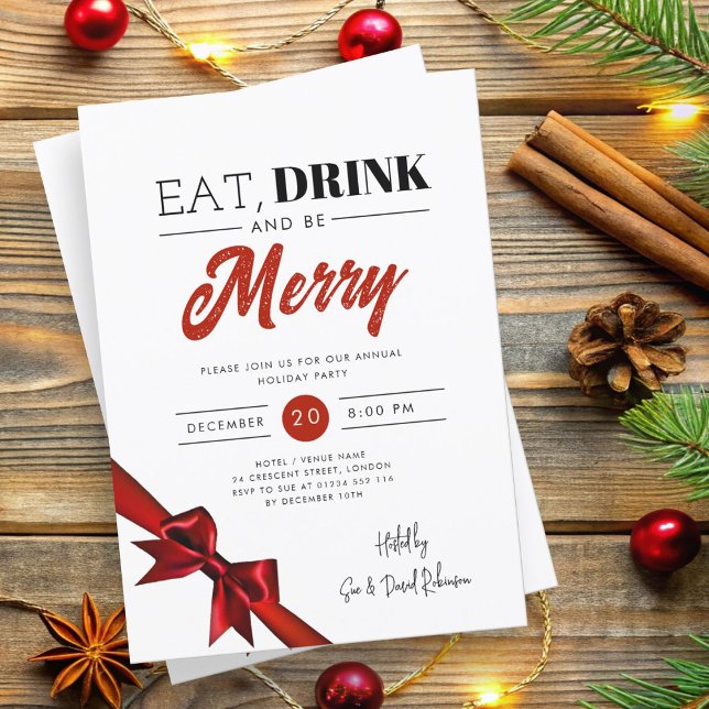 Modern Eat, Drink Be Merry Xmas Red Ribbon Invitation (Modern Eat, Drink Be Merry Xmas Red Ribbon Invitation)