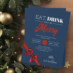 Modern Eat, Drink Be Merry Xmas Red Ribbon Navy  Invitation