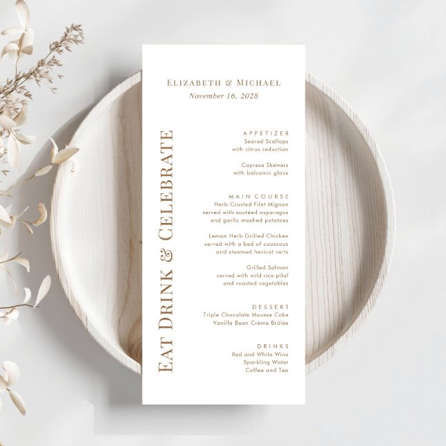 Modern Eat Drink Celebrate Gold Typography Wedding Menu (Creator Uploaded)