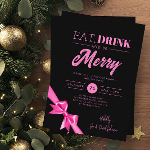 Modern Eat Drink Xmas Hot Pink Ribbon Black Invitation