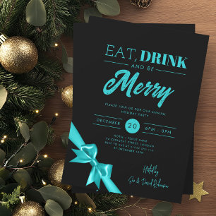 Modern Eat Drink Xmas Turquoise Ribbon Black Invitation