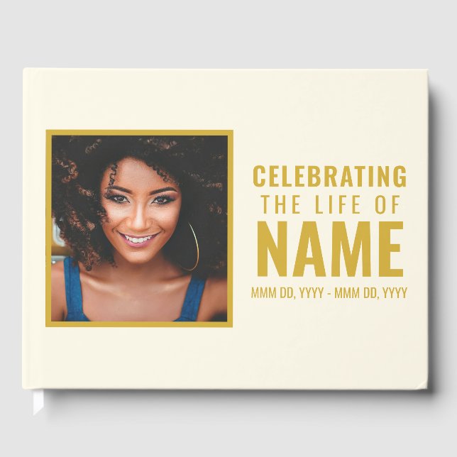 Modern Ecru Gold Photo Celebration of Life  Guest Book (Front)