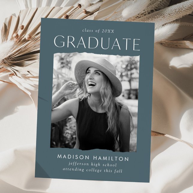 Modern Edge Blue Grey Photo Graduation Announcement (Creator Uploaded)