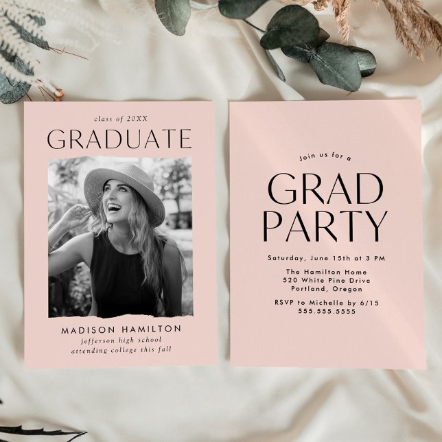 Modern Edge Blush Pink Photo Graduation Party Invitation (Creator Uploaded)