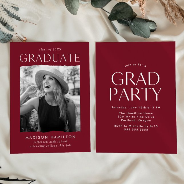 Modern Edge Burgundy Photo Graduation Party Invitation (Creator Uploaded)