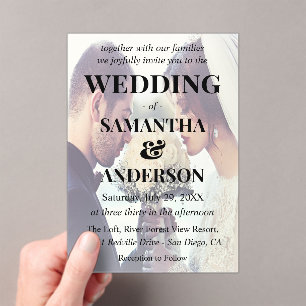 Modern Editable Black White Overlay Photo Wedding Acrylic Invitations