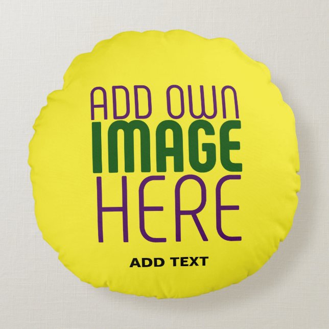 MODERN EDITABLE BRIGHT YELLOW IMAGE TEXT TEMPLATE ROUND CUSHION (Front)