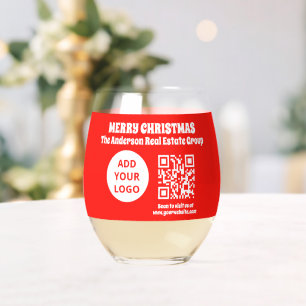 Modern Editable Business Logo QR Code Christmas Stemless Wine Glass