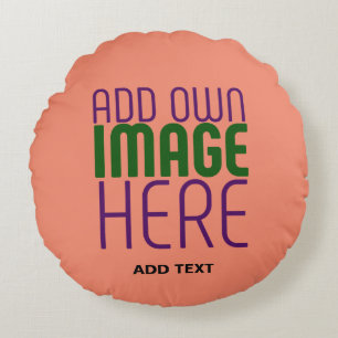 MODERN EDITABLE CORAL ORANGE IMAGE TEXT TEMPLATE ROUND CUSHION