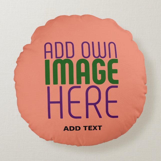 MODERN EDITABLE CORAL ORANGE IMAGE TEXT TEMPLATE ROUND CUSHION (Front)