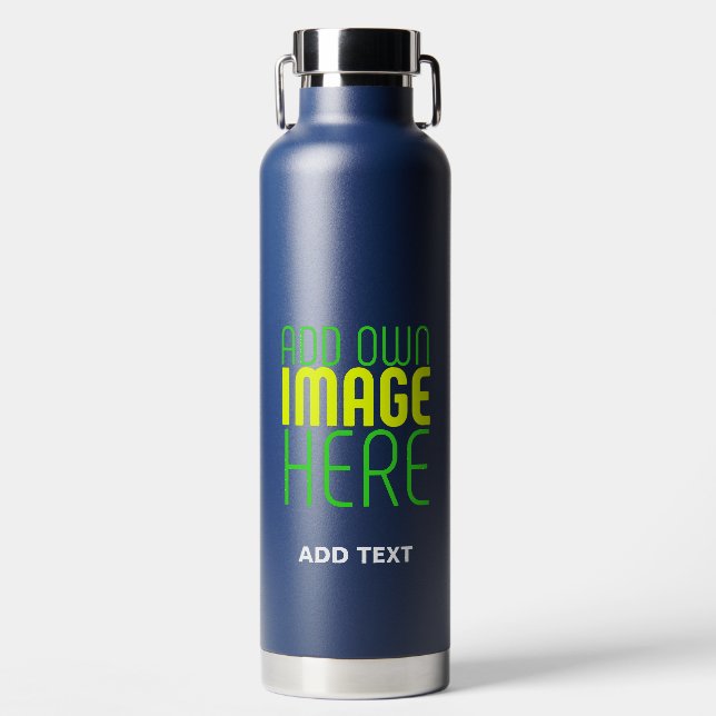 MODERN EDITABLE CUTE NAVY BLUE IMAGE TEXT TEMPLATE WATER BOTTLE (Front)